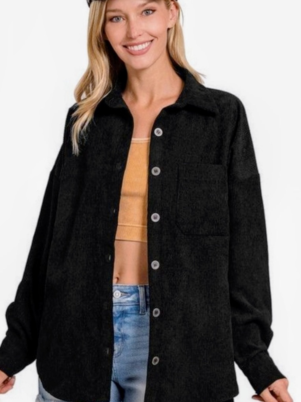 Zenana Outfitters Black Button-Front Oversized Corduroy Shaket